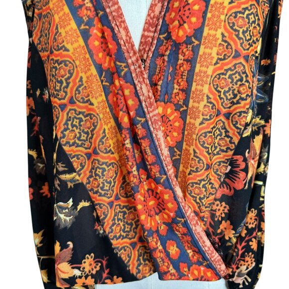 Free People Boho Floral Print Mesh Blouse Women’s Medium | Sheer Surplice V-Neck - Picture 5 of 8